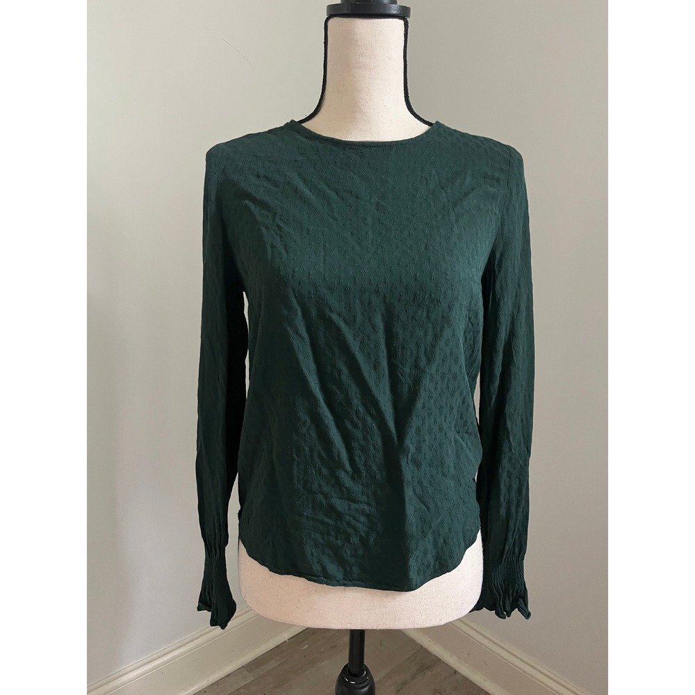 H&M Swiss Dot Long Sleeve Blouse sz 2 Dark Green Smocked Office Chic Boho Preppy
